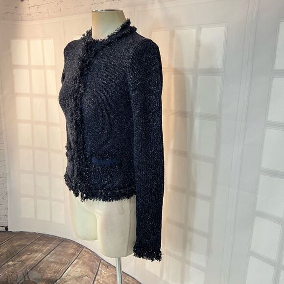 Express Navy Silver Metallic Hints Frayed Knit Long Sleeve Sweater Size Small - Picture 3 of 10